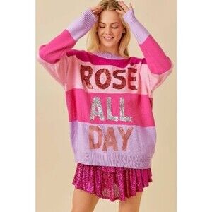 Main Strip ROSE ALL DAY Sweater Pink Purple Striped Sequin Size Large